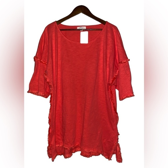 Umgee Women L Scoop Neck Half Sleeve Orange Fringe‎ Tunic Top Boho Peasant - Picture 1 of 7